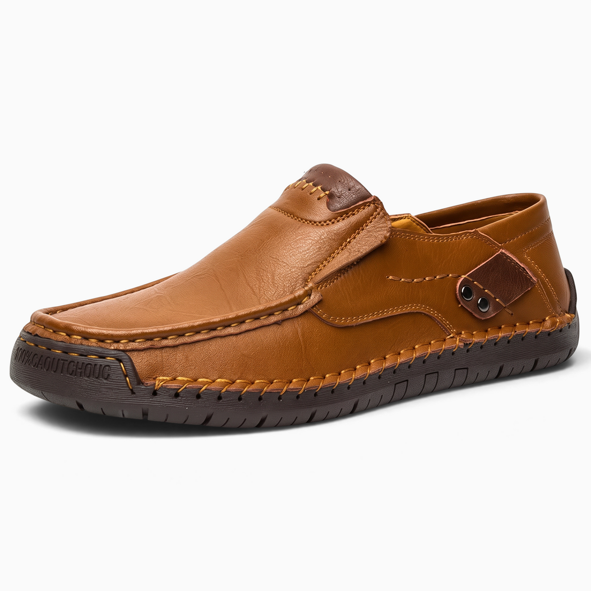 Mocassin Paris homme en cuir souple marron avec semelle en caoutchouc et coutures apparentes