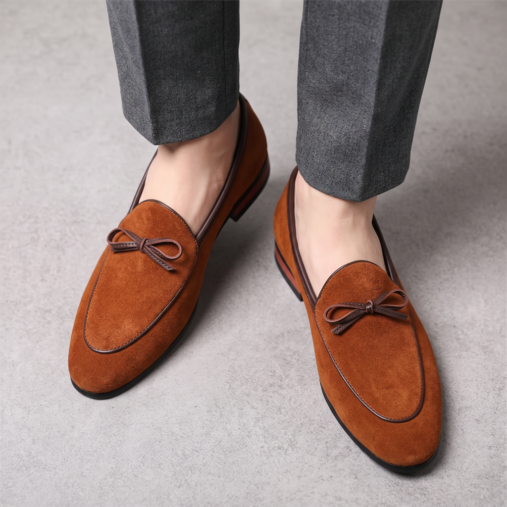 Mocassin Paris homme en daim marron avec détail de nœud, idéal pour un mariage ou une tenue habillée.