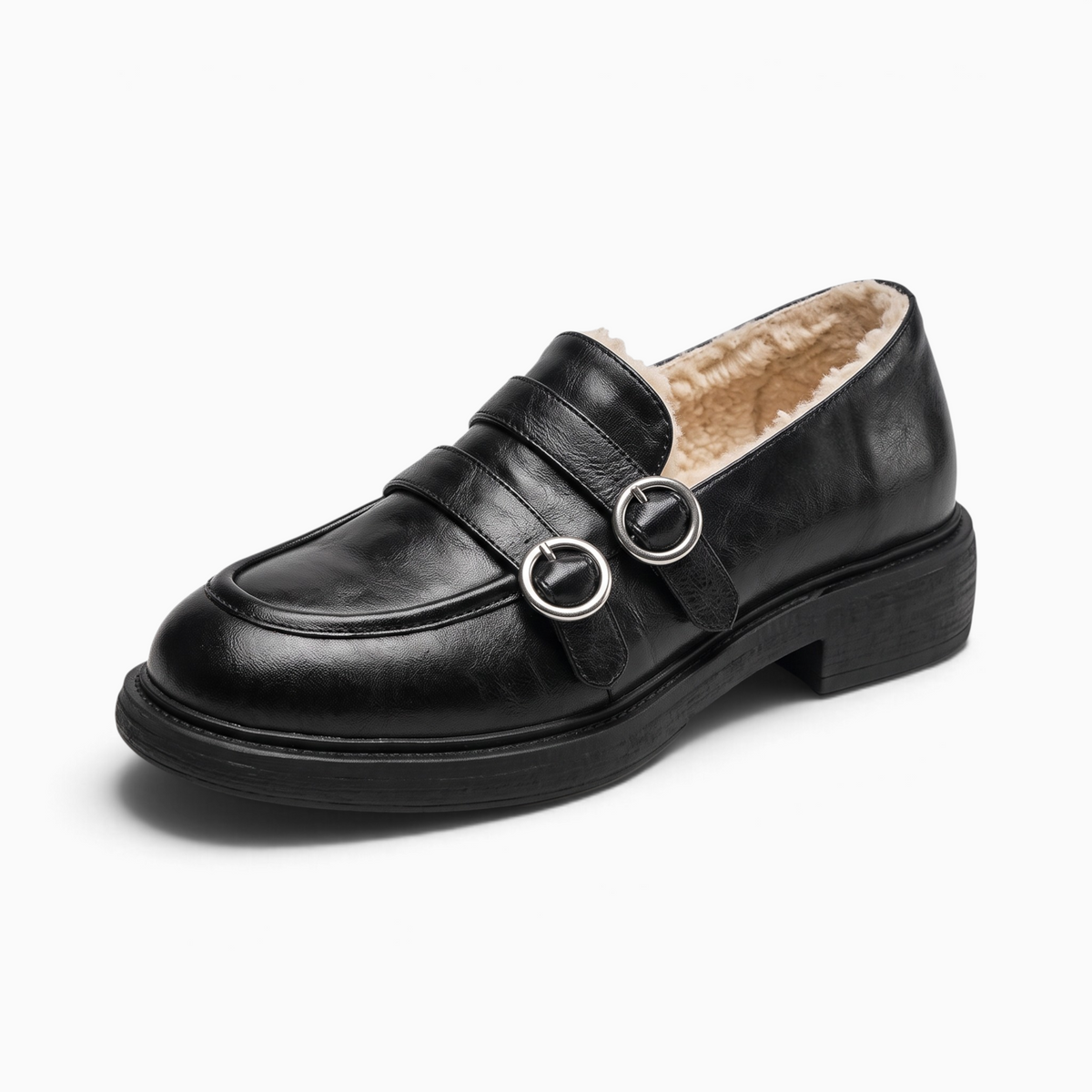 Mocassin Paris femme en cuir noir avec doublure fourrée, double boucle argentée et semelle en caoutchouc