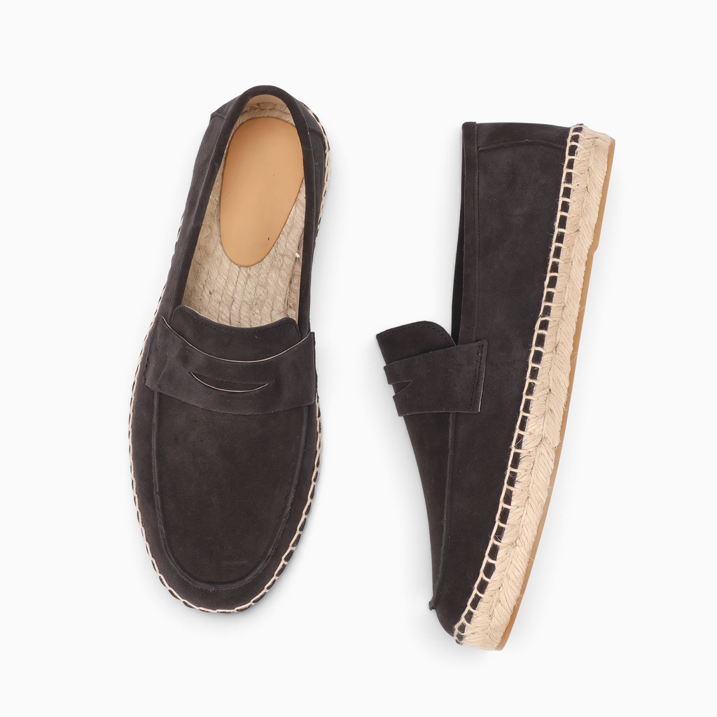 Mocassin Espadrille Homme en Daim de Mocassin Paris en daim gris foncé avec semelle en chanvre et caoutchouc