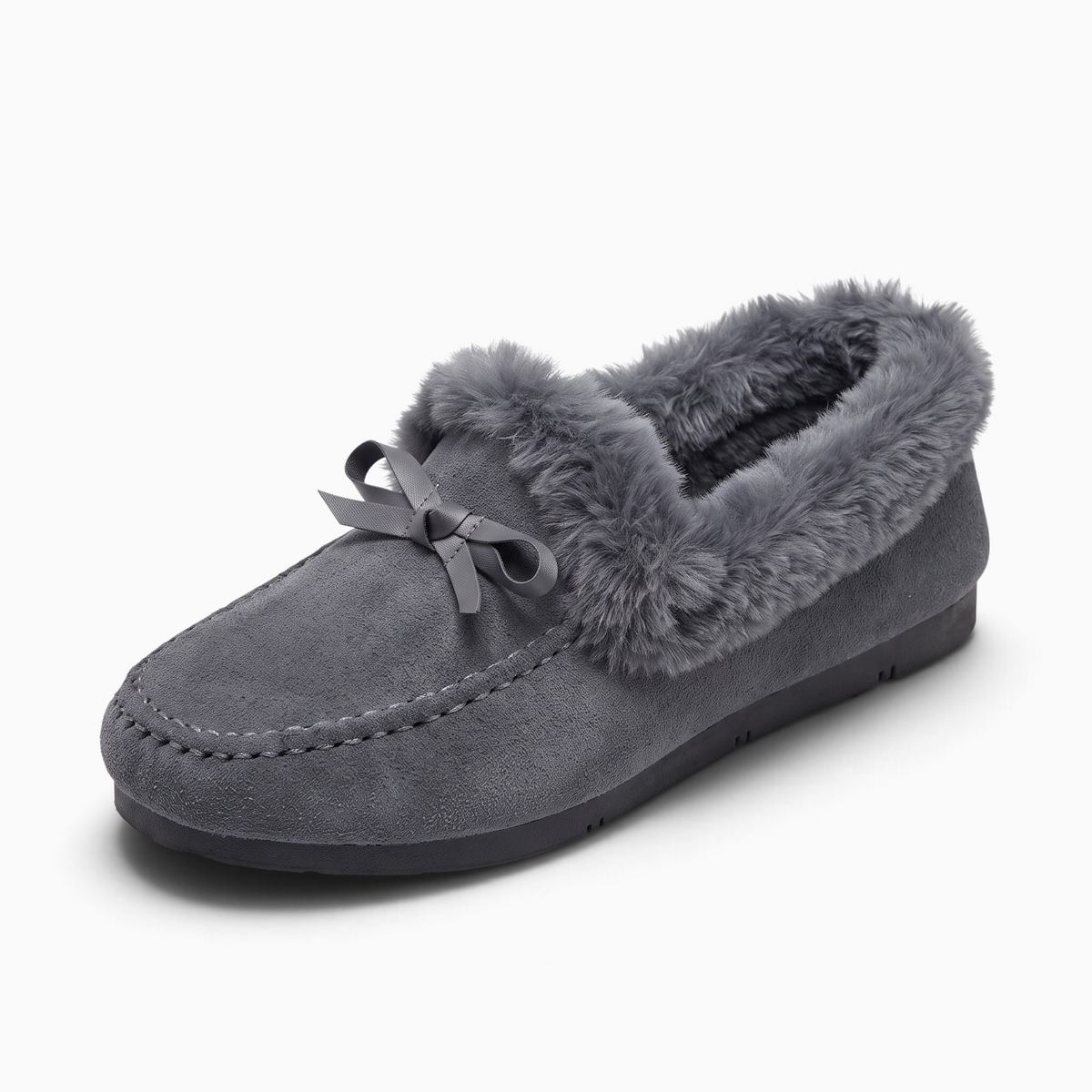 Mocassin Paris femme gris en tissu avec doublure polaire, bordure en fausse fourrure et détail de nœud décoratif