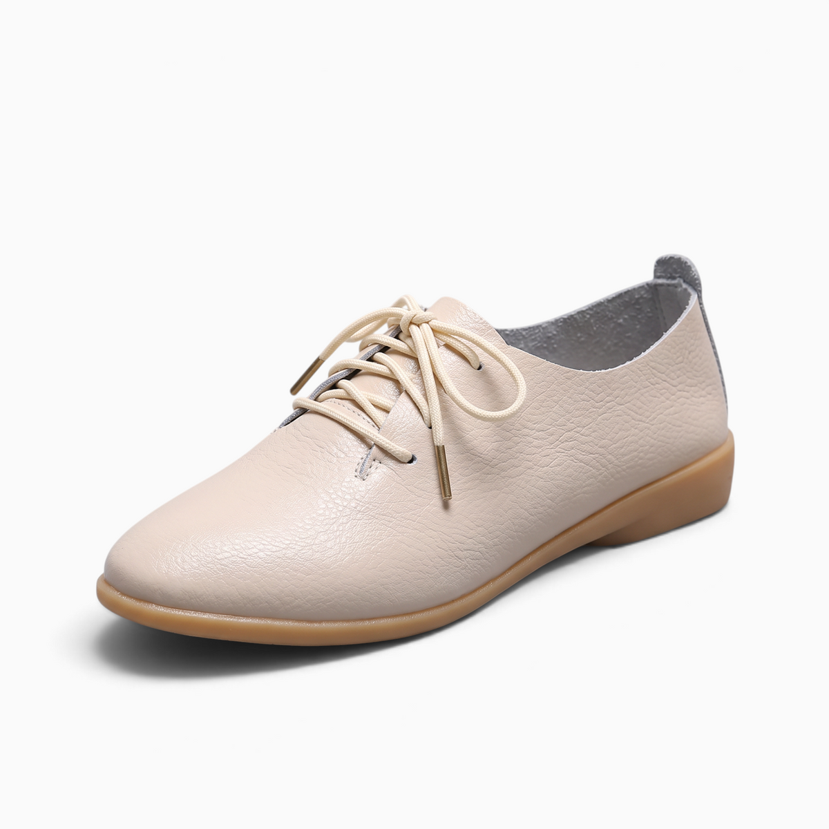 Mocassin Paris femme en cuir beige à bout pointu avec fermeture à lacets et semelle en caoutchouc souple
