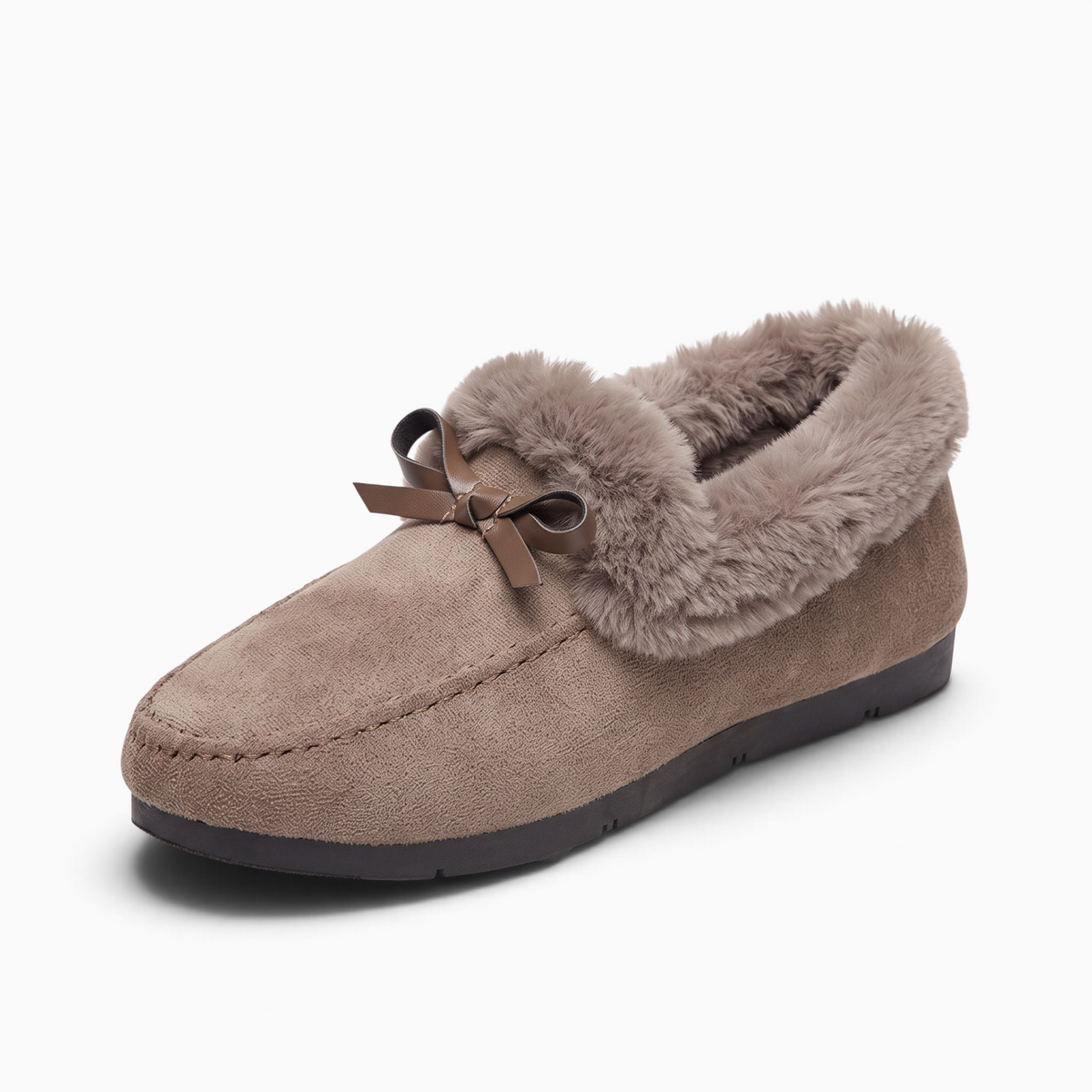 Mocassin Paris femme hiver en tissu taupe avec doublure polaire douce et nœud décoratif sur le dessus