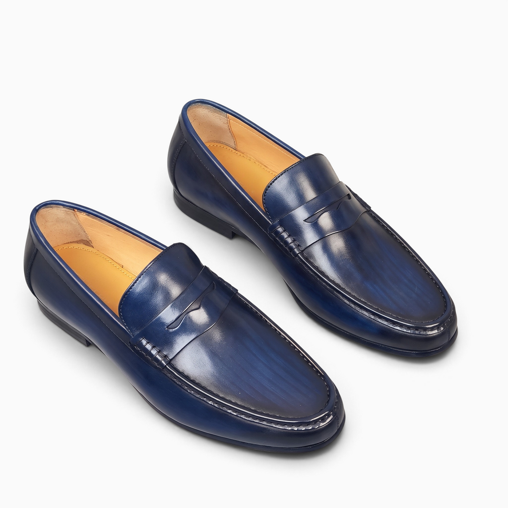 Mocassins Mocassin Paris pour homme en cuir bleu patiné avec semelle en caoutchouc pour un style habillé classique