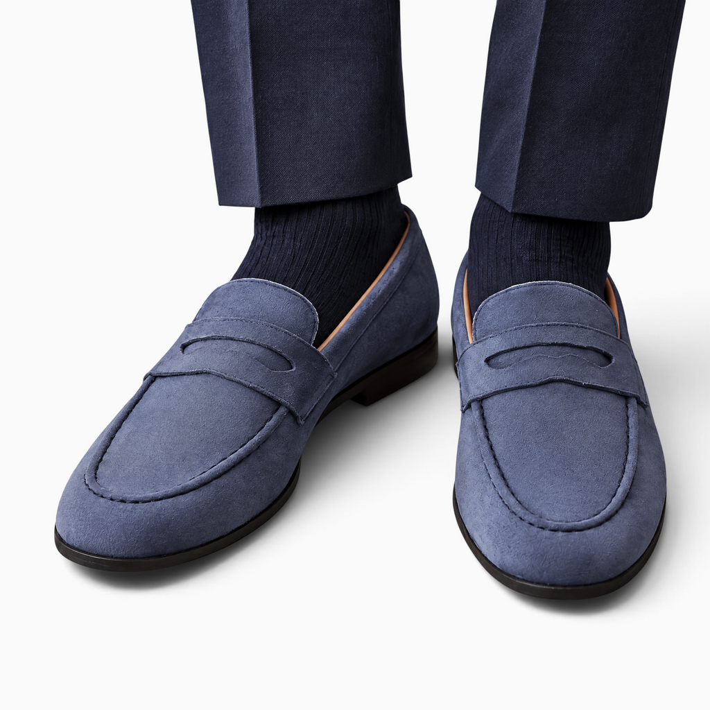 Mocassin Paris, mocassin homme en daim bleu souple avec semelle en caoutchouc, style habillé pour cérémonie