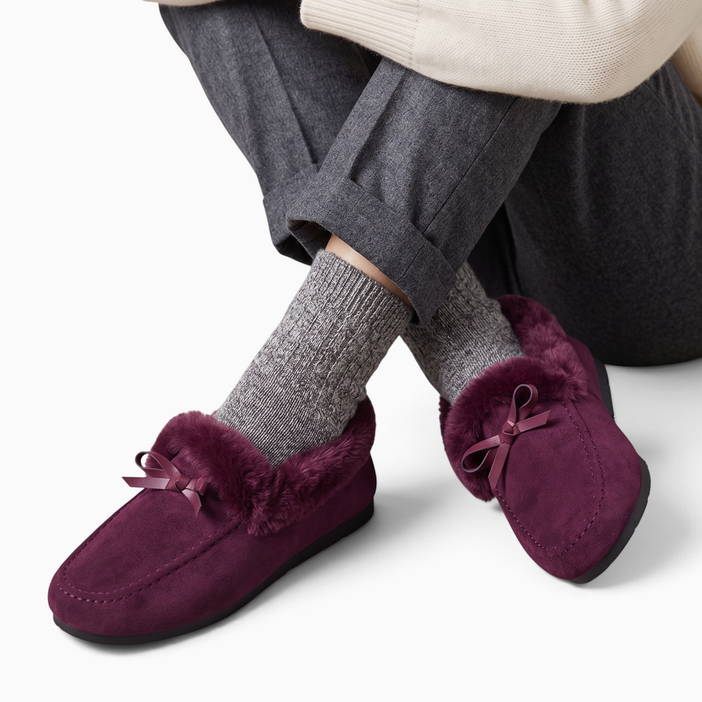 Mocassin Femme Hiver Fourré en Tissu à Nœud