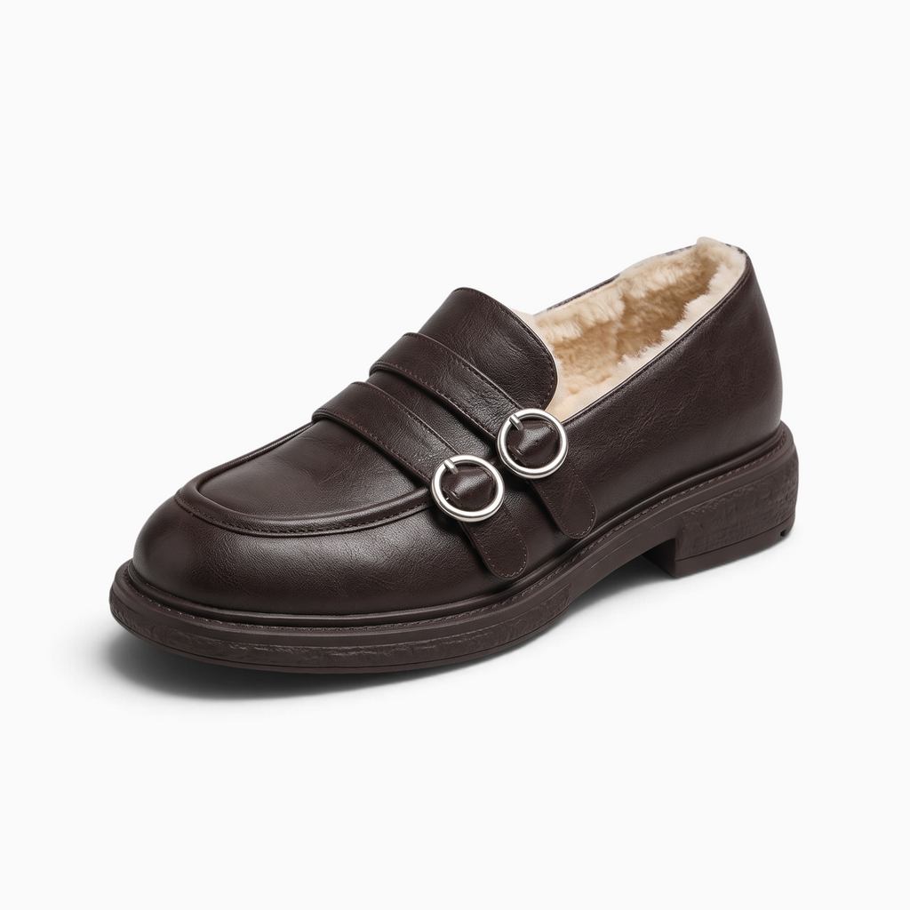 Mocassin Mocassin Paris marron en cuir de vache avec doublure fourrée et détails à boucles argentées