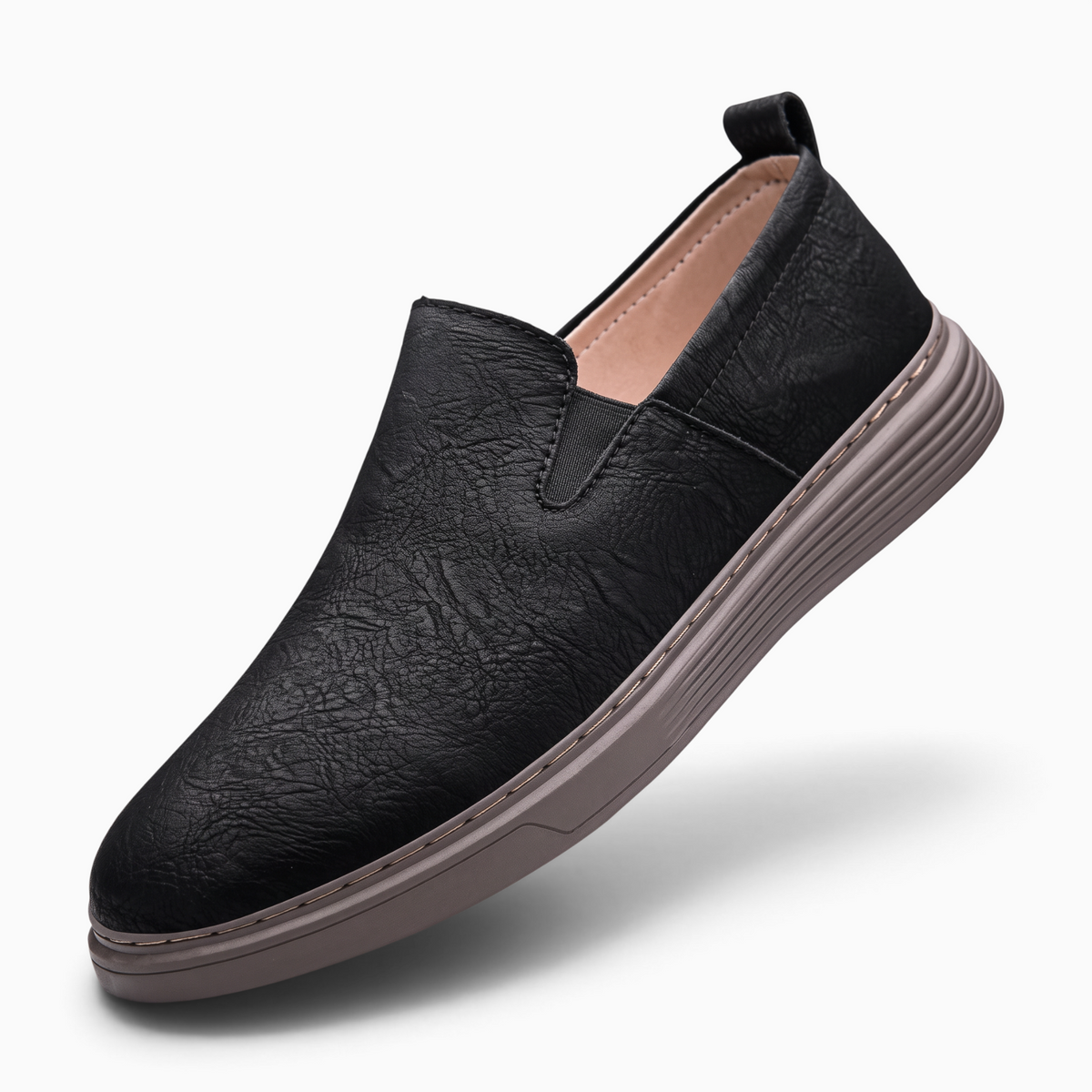 Mocassin Paris homme en cuir noir avec semelle souple en caoutchouc, style décontracté sans lacets